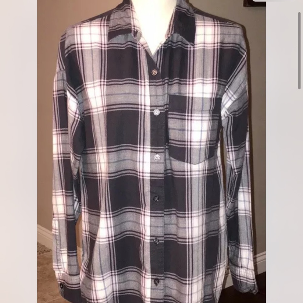 Women's Old Navy Gray, Pink, White Plaid Long Sleeve Top/Shirt, Small S